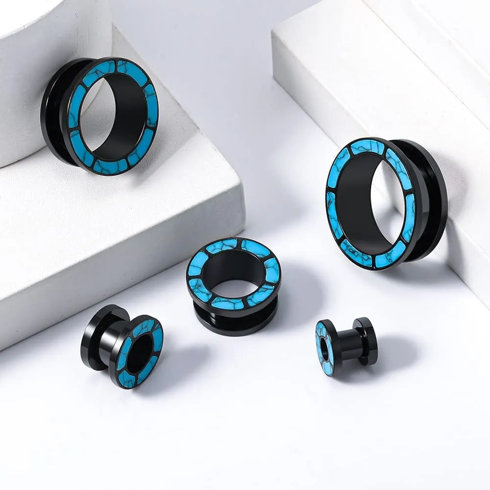 PUNKYOUTH Blue Turquoise Stainless Steel Ear Flesh Tunnels Screw Fit Ear Gauges Stretcher Expander Piercing Jewelry