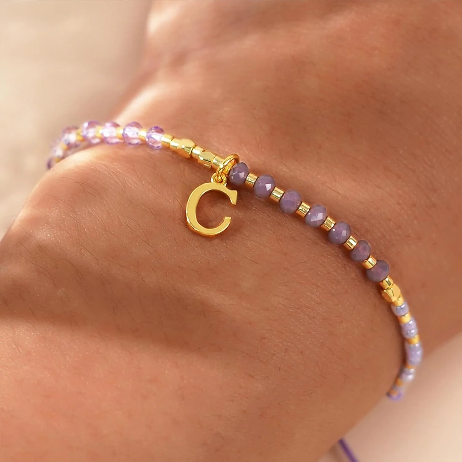 Purple Gold Beaded Natural Stone Initial Bracelets for Women, Boho Handmade Personalized Gemstone Beads Letter Name Braided Rope Adjustable Bracelet Bohemian Jewelry Gift