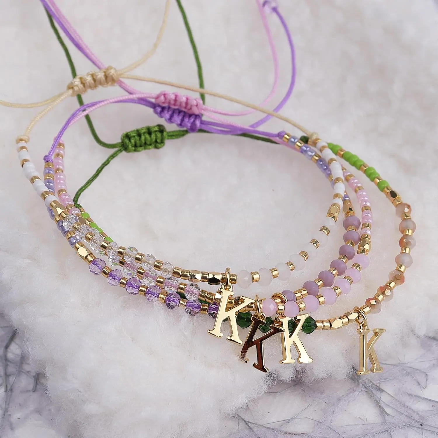 Purple Gold Beaded Natural Stone Initial Bracelets for Women, Boho Handmade Personalized Gemstone Beads Letter Name Braided Rope Adjustable Bracelet Bohemian Jewelry Gift