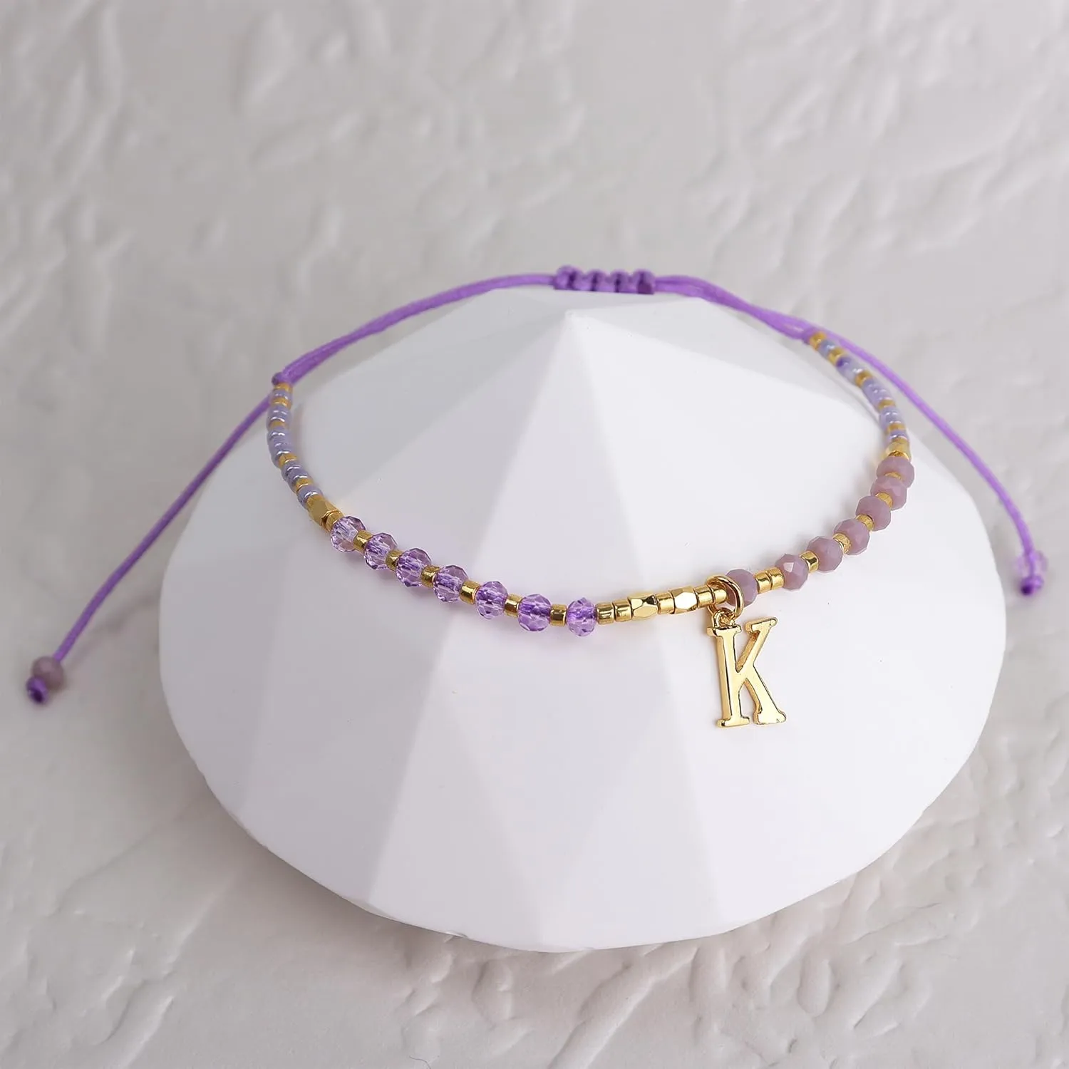 Purple Gold Beaded Natural Stone Initial Bracelets for Women, Boho Handmade Personalized Gemstone Beads Letter Name Braided Rope Adjustable Bracelet Bohemian Jewelry Gift