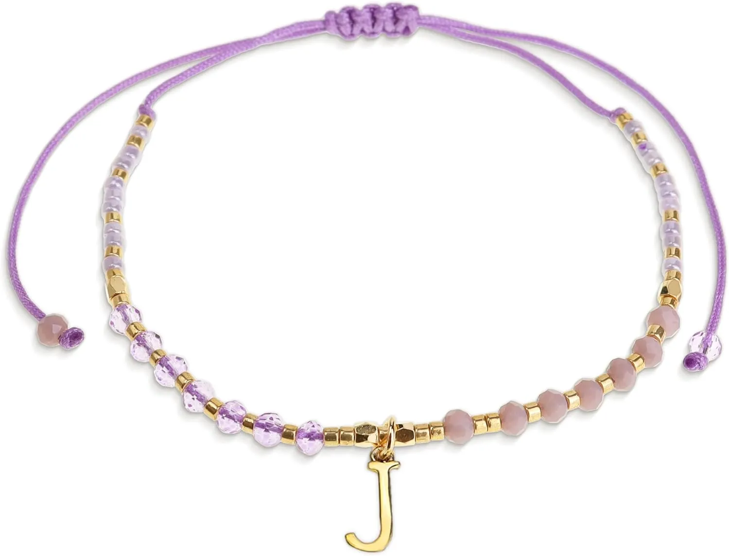 Purple Gold Beaded Natural Stone Initial Bracelets for Women, Boho Handmade Personalized Gemstone Beads Letter Name Braided Rope Adjustable Bracelet Bohemian Jewelry Gift