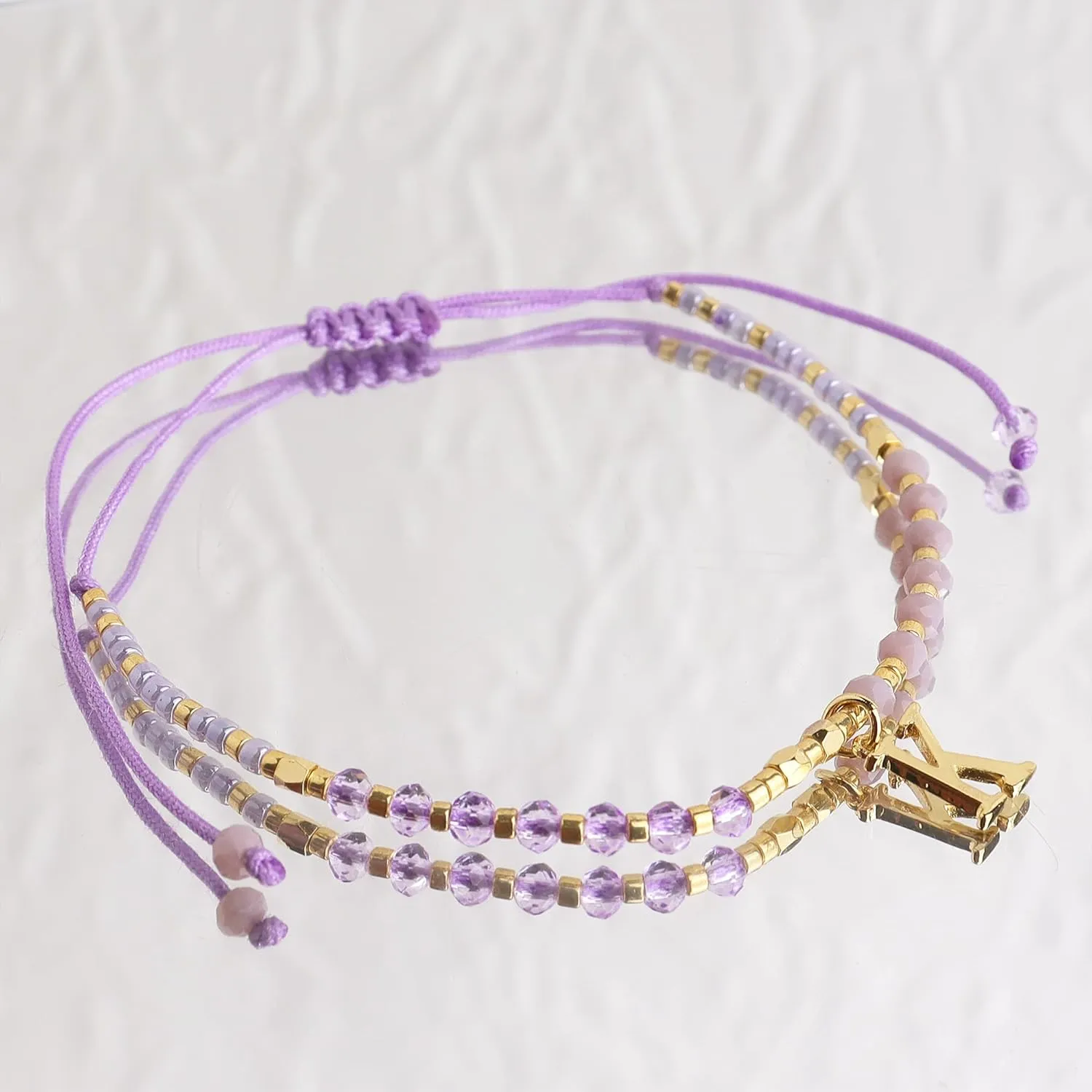 Purple Gold Beaded Natural Stone Initial Bracelets for Women, Boho Handmade Personalized Gemstone Beads Letter Name Braided Rope Adjustable Bracelet Bohemian Jewelry Gift