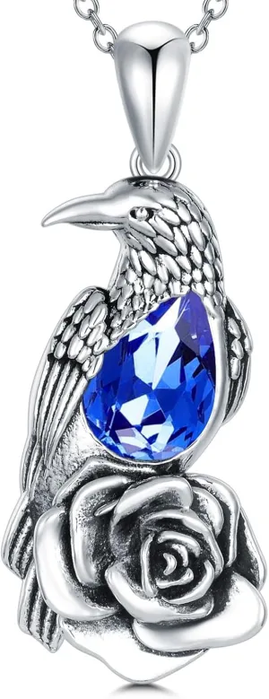 Raven Necklace with Crystal 925 Sterling Silver Rose Flower Crow Pendant Jewelry for Women