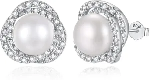 Real Pearl Earrings for Women 925 Sterling Silver Pearl Stud Earrings Freshwater Cultured Pearl Studs with Cubic Zirconia for Mother