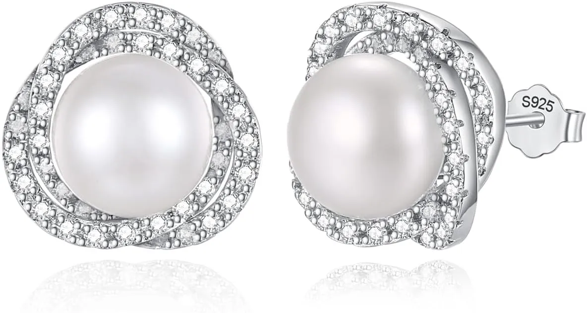 Real Pearl Earrings for Women 925 Sterling Silver Pearl Stud Earrings Freshwater Cultured Pearl Studs with Cubic Zirconia for Mother