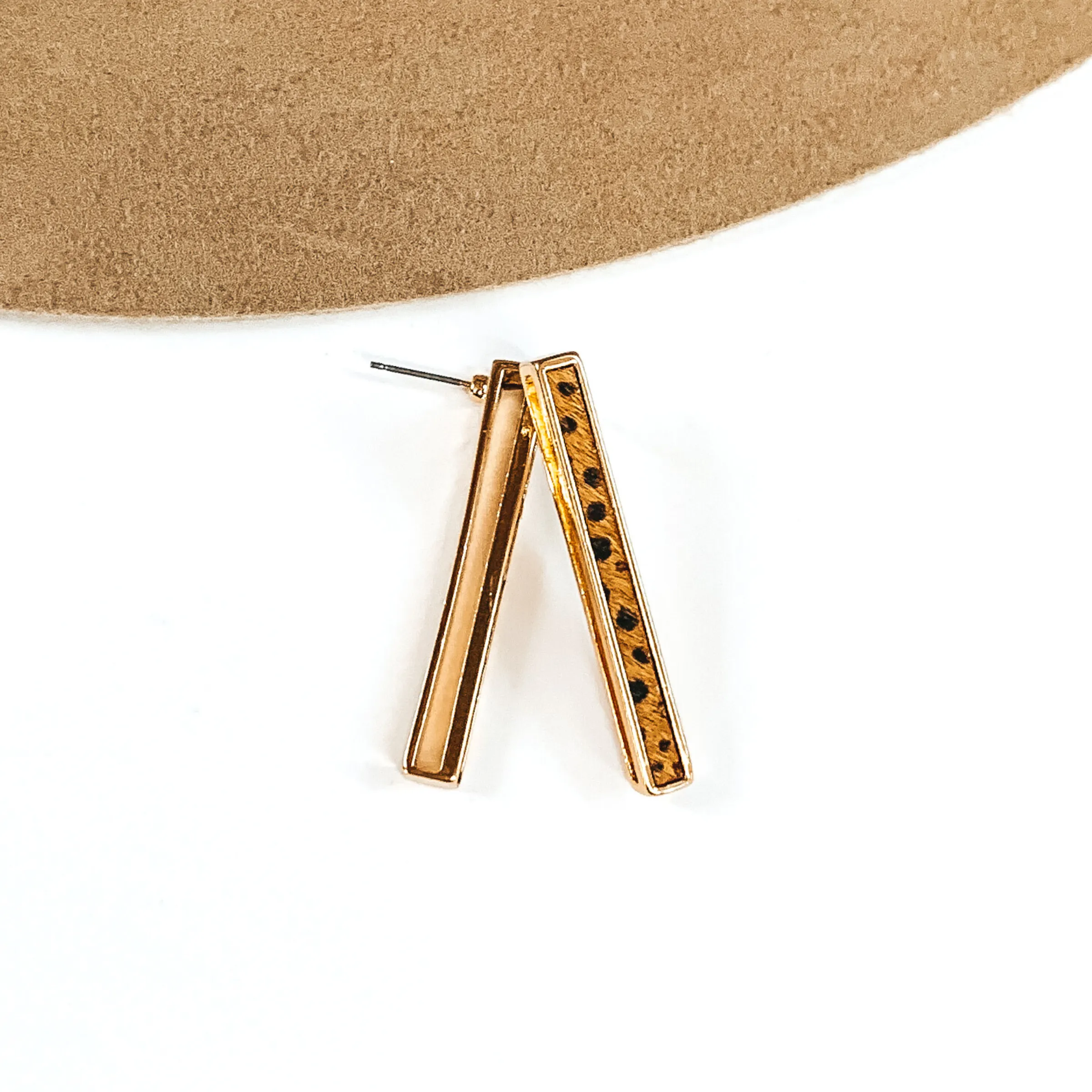 Rectangle Bar Earrings with Brown Dotted Print Inlay in Gold