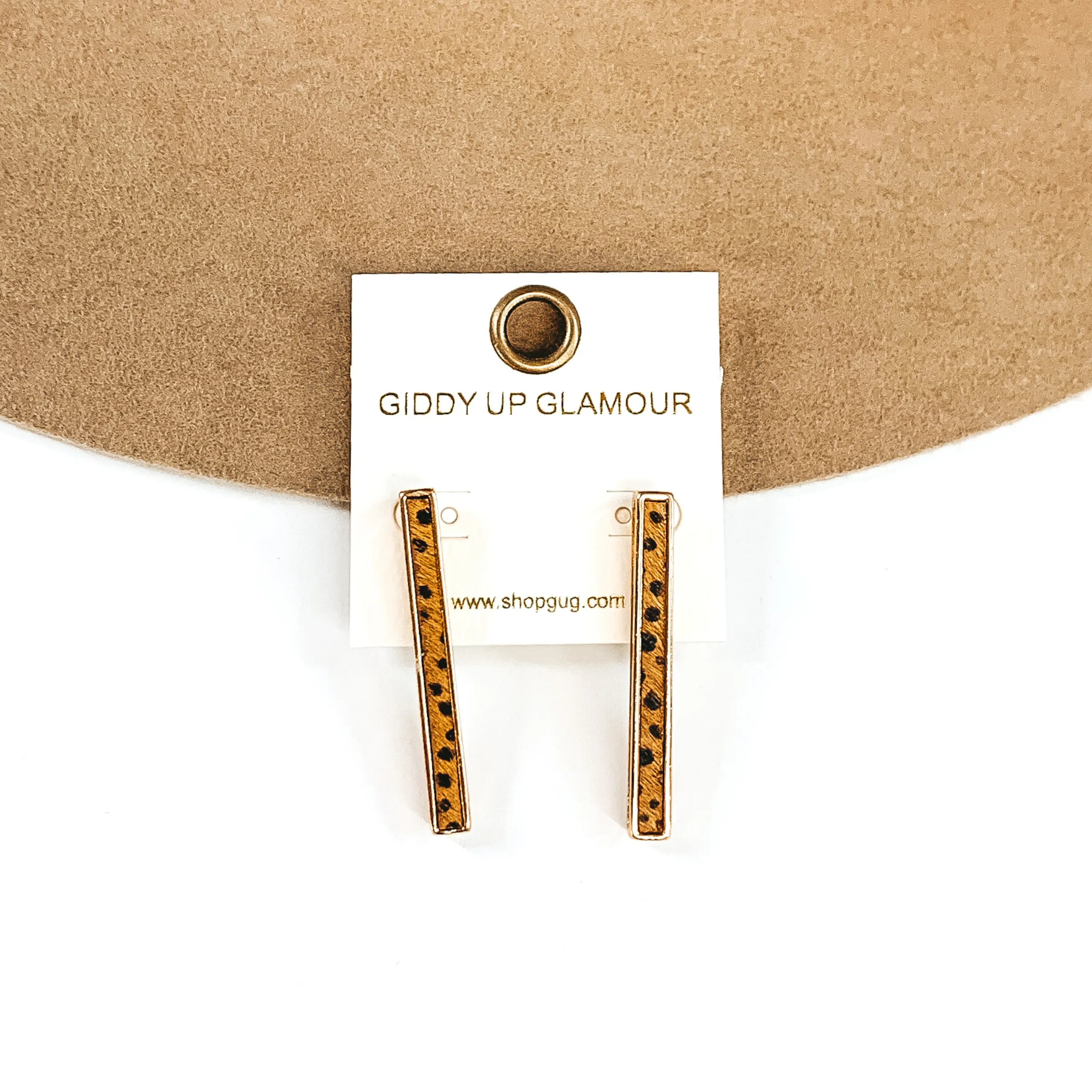 Rectangle Bar Earrings with Brown Dotted Print Inlay in Gold