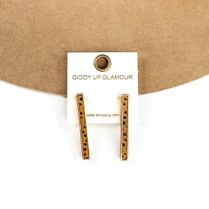 Rectangle Bar Earrings with Brown Dotted Print Inlay in Gold