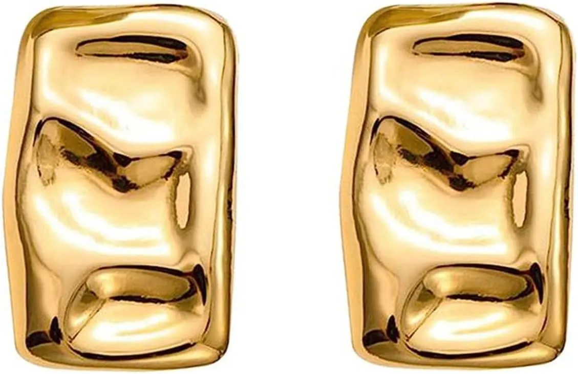 Rectangle Chunky Gold Earrings for Women, Minimalist Irregular Statement Dainty Trendy Square Stud Earrings Thick Wrinkle Geometric Earrings Jewelry Gifts