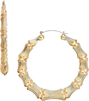 RED By Kiss Gold Plated Glam Bamboo Round Hoop Earrings, Fashion & Stylish Jewelry, Secure Hypoallergenic Pincatch, Lightweight Daily Essential Accessory, Lead & Nickel Free