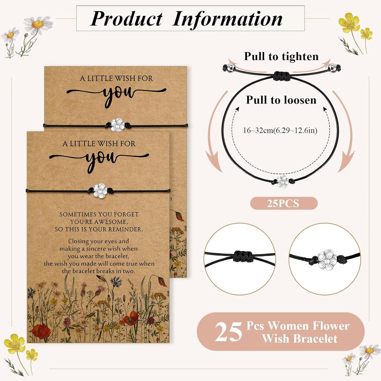 Remuuly Inspirational Flower Bracelet Gifts Bulk Adjustable Wish Bracelet for Women Mother's Day Friend Nurse Teacher