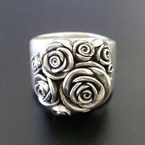 Retro 18K White Gold Plating Vintage 3D Rose Flower Ring Jewelry Gifts Statement Ring for Women