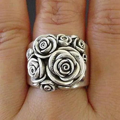 Retro 18K White Gold Plating Vintage 3D Rose Flower Ring Jewelry Gifts Statement Ring for Women
