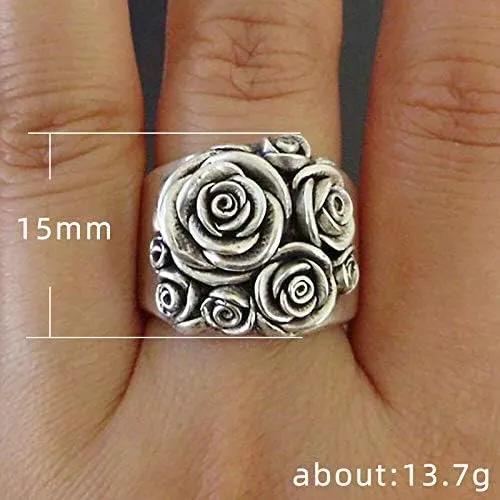 Retro 18K White Gold Plating Vintage 3D Rose Flower Ring Jewelry Gifts Statement Ring for Women