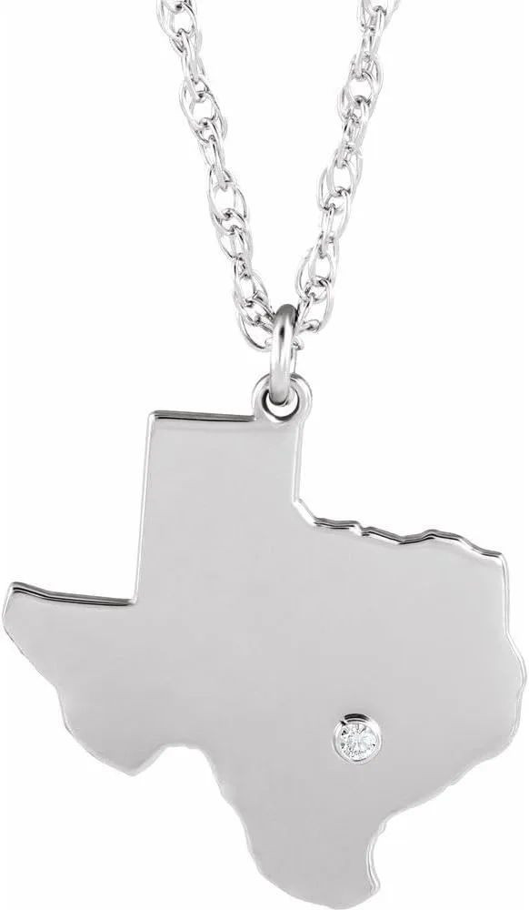 Rhodium Plated Sterling Silver Round Shape Texas State with Diamond Accented City Personalized Necklace Fine Jewelry for Women Gifts for Her (20.5x19.9mm, 015 cttw, G-I), 18"