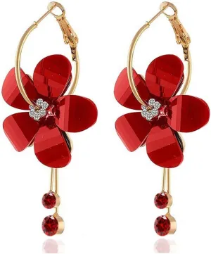 Romantic Crystal Acrylic Rose Flower Earrings Five Leaves Exaggerated Round Hoop long Tassel Earring for Women Jewelry