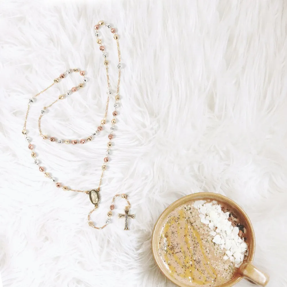 Rosary Necklace for Women - Lariat Cross Necklace in Tritone - Fashion Rosary Bead Necklaces - 26" Chain Length Jewelry Catholic Faith Christian Religious Birthday Mothers Day Gifts for Mom