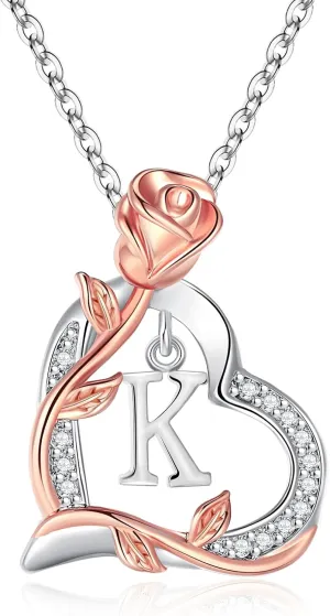 Rose Heart Initial Necklaces for Girlfriend Trendy Letter Love Pendant Silver Necklace Wife Birthday Jewelry Gifts