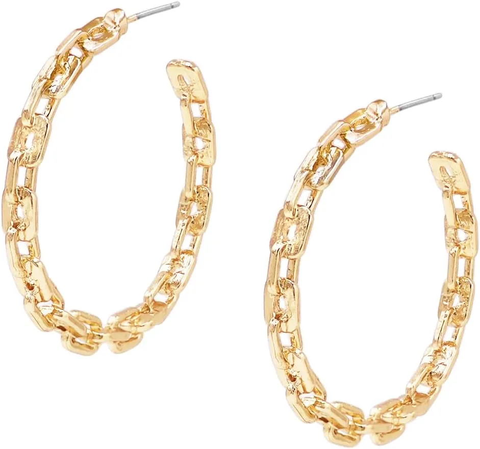 Rosemarie & Jubalee Women's Stunning Polished Gold Tone 3D Chunky Link Chain Hypoallergenic Hoop Earrings, 1.75"