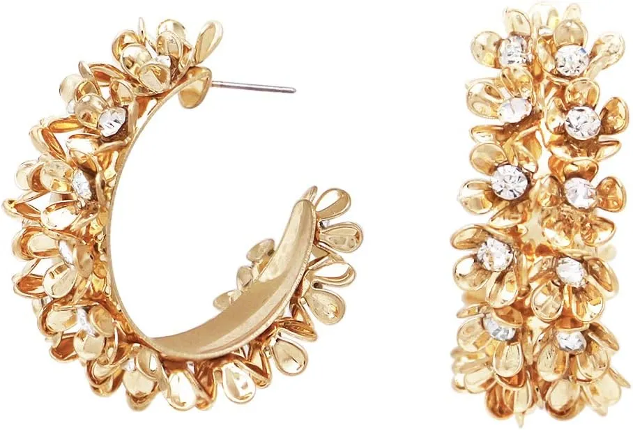 Rosemarie & Jubalee Women's Stunning Polished Gold Tone And Crystal Rhinestone 3D Flower Covered Hypoallergenic Hoop Earrings, 30mm