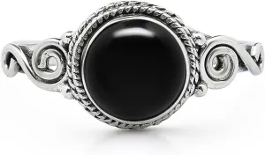 Round Black Onyx Spiral Side Ring- 925 Sterling Silver - Ethnic Boho Chic Hand Made Jewelry  Us Size 6-10
