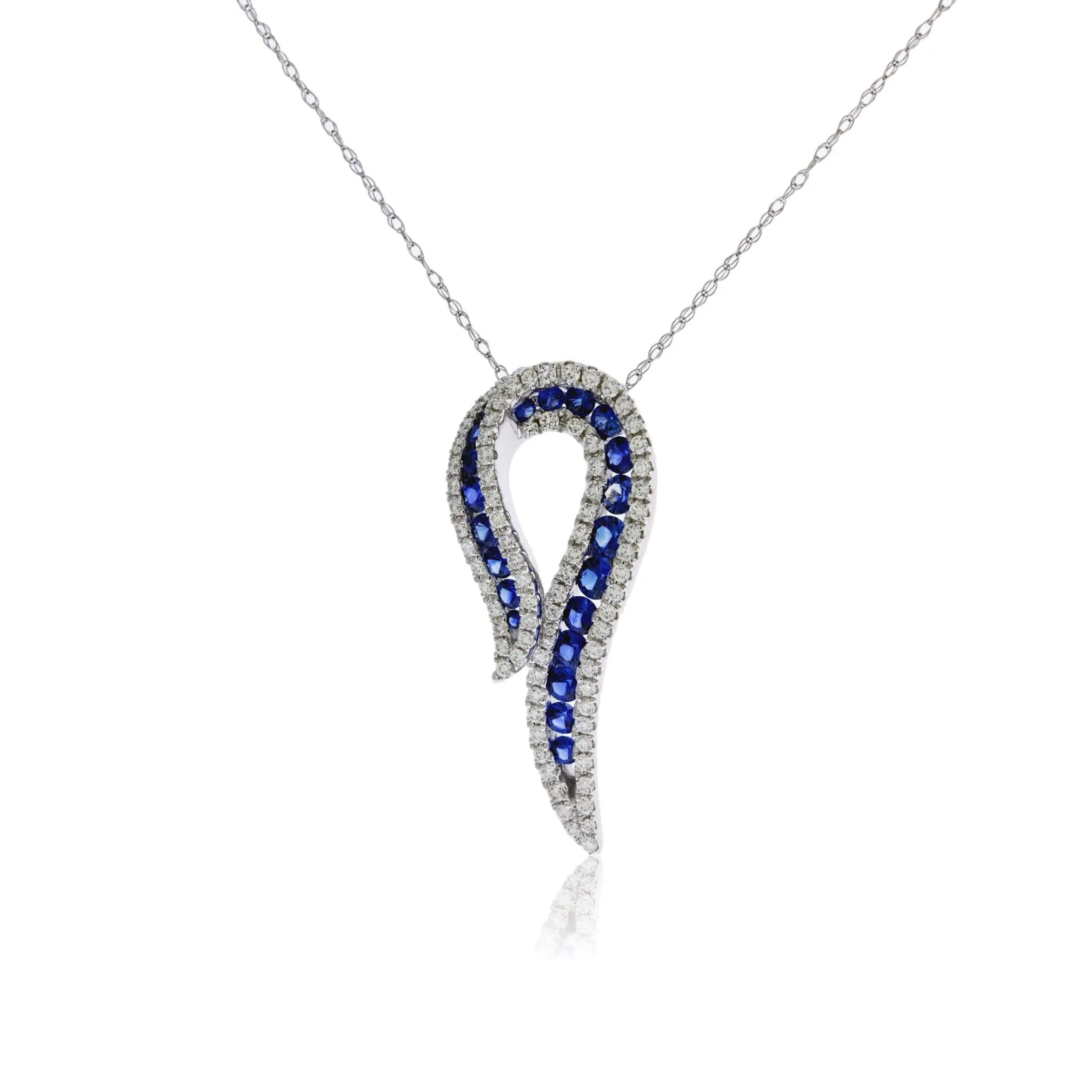 Round Blue Sapphire & Diamond Ribbon Style Pendant