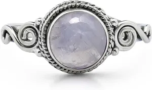 Round Moonstone Spiral Side Delicate Ring- 925 Sterling Silver - Ethnic Boho Chic Hand Made Jewelry - Fashionable And Stylish For Women -Us Size 6-10