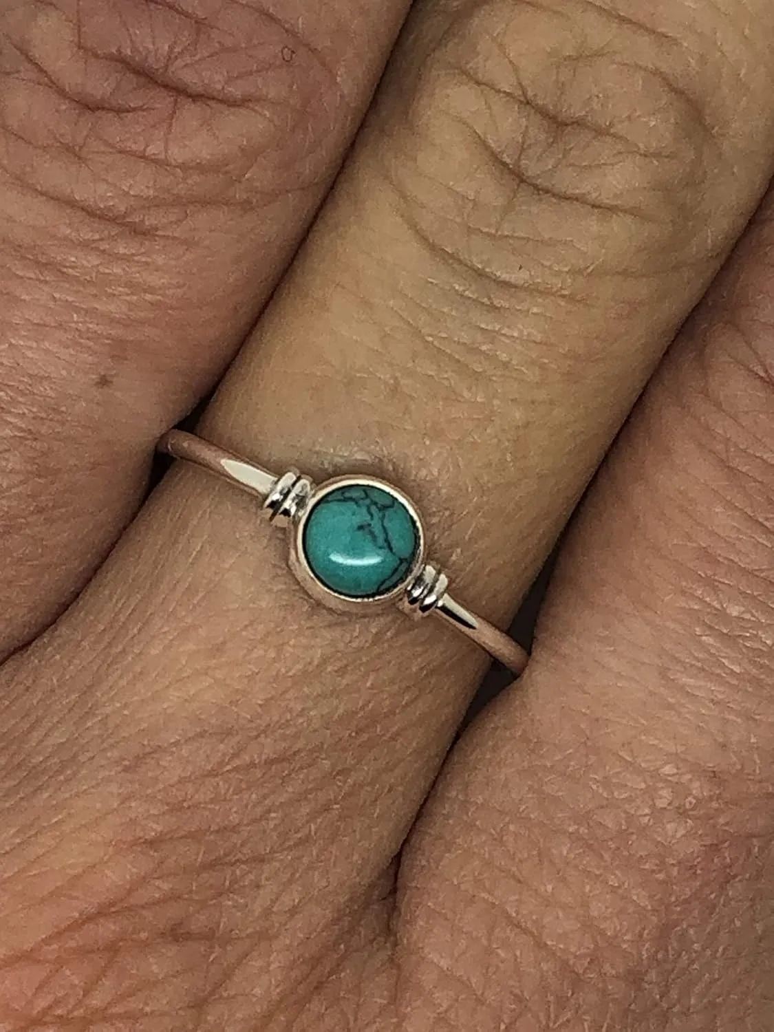Round Synthetic Turquoise Delicate Ring- 925 Sterling Silver - Ethnic Boho Chic Hand Made Jewelry - Fashionable And Stylish For Women -Us Size 5-10