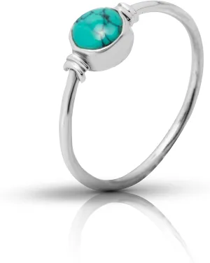 Round Synthetic Turquoise Delicate Ring- 925 Sterling Silver - Ethnic Boho Chic Hand Made Jewelry - Fashionable And Stylish For Women -Us Size 5-10