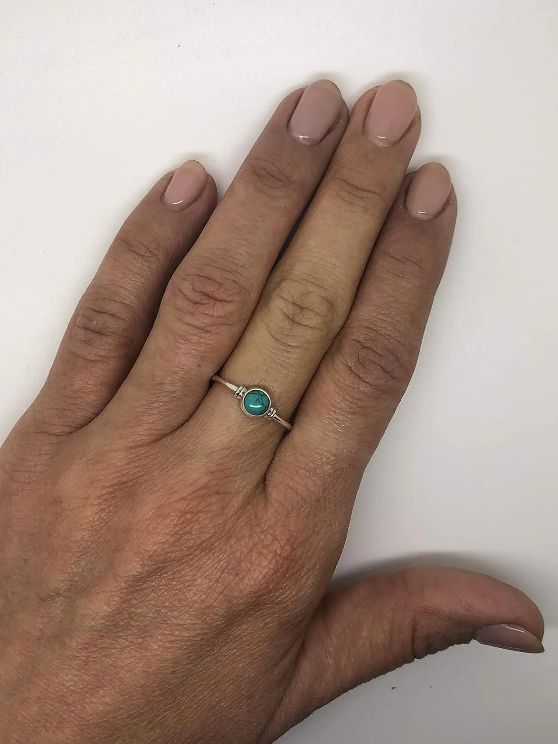 Round Synthetic Turquoise Delicate Ring- 925 Sterling Silver - Ethnic Boho Chic Hand Made Jewelry - Fashionable And Stylish For Women -Us Size 5-10