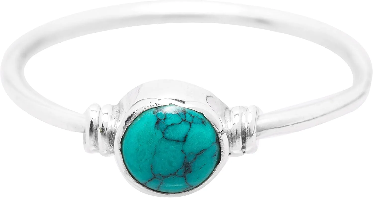 Round Synthetic Turquoise Delicate Ring- 925 Sterling Silver - Ethnic Boho Chic Hand Made Jewelry - Fashionable And Stylish For Women -Us Size 5-10