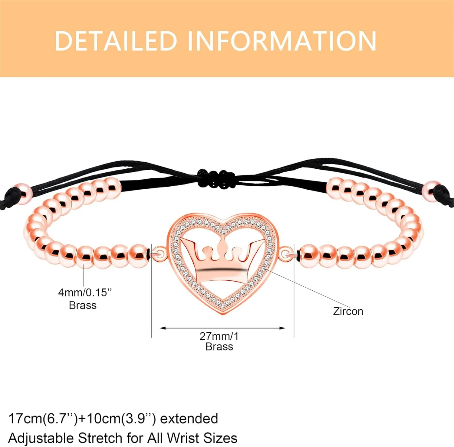 Royal Crown Bracelet - Love and Honor Micro Pave Cubic Zirconia Bracelet 5.9'   3.9" Extended Handmade Beaded String Emperor Jewelry Christmas, Birthday, Anniversary