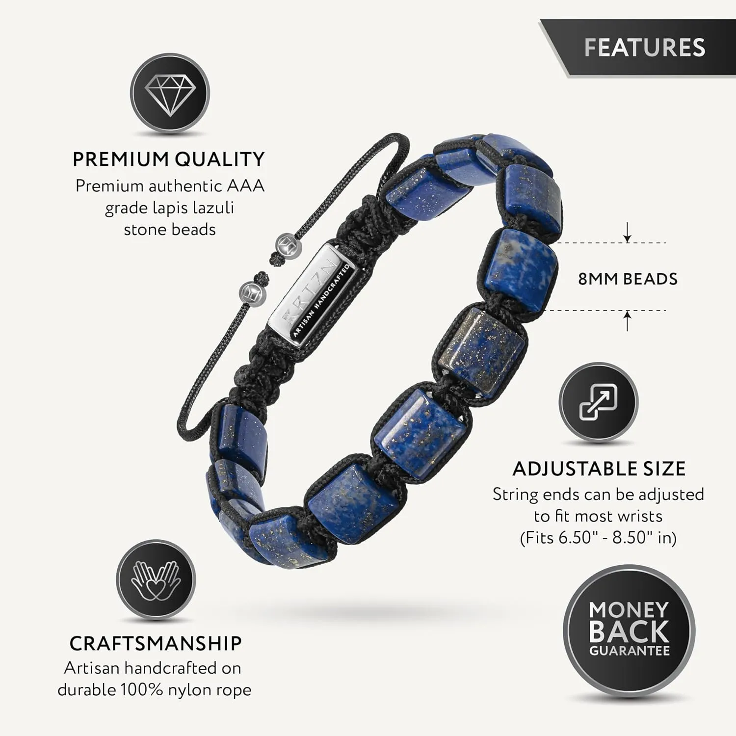 RTZN Lapis Lazuli Bracelets for Men  Premium Artisan Handcrafted Authentic Blue Lapis Lazuli Men Beaded Bracelet  Adjustable Spiritual Bracelets for Men (Havana)