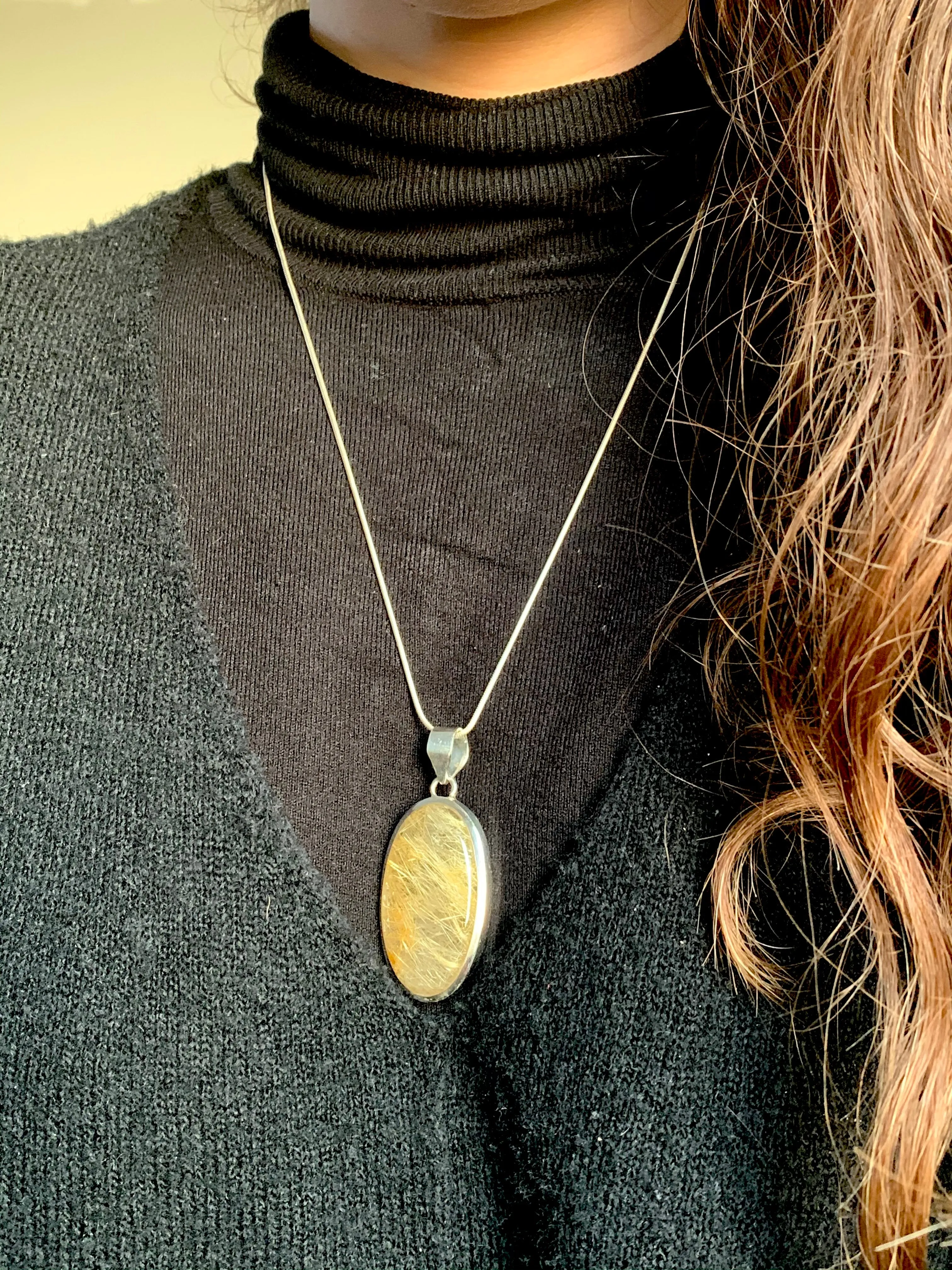 Rutilated Quartz Naevia Pendant - Long Oval