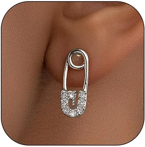 Safety Pin Earrings for Women Hypoallergenic Flatback Stud Earrings Trendy Rhinestone Safety Pin Stud Earrings Paper Clip Earrings Jewelry Gift