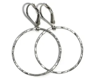 Salish Sea Inspirations Light Weight Hammered Argentium Silver Leverback Hoop Earrings (1" Diameter Polished)