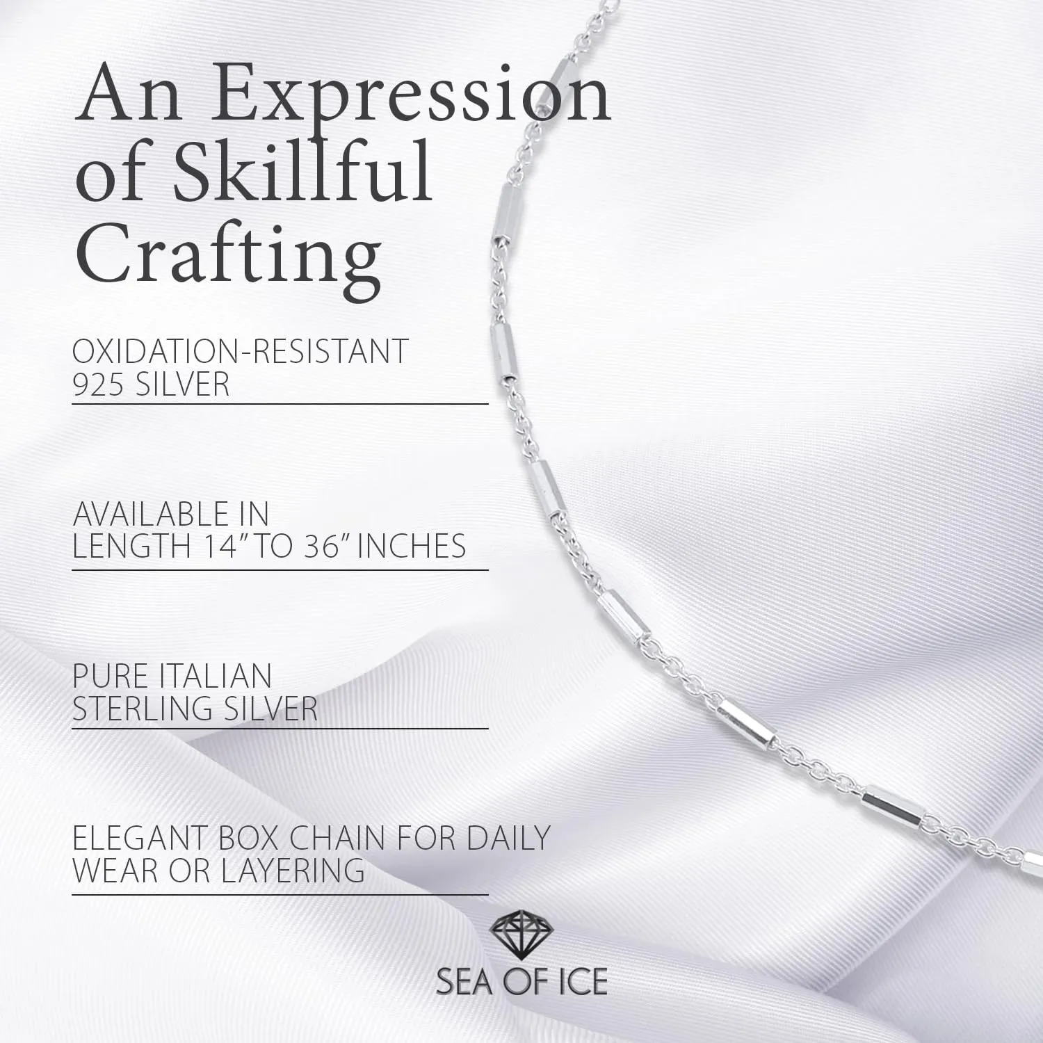 SEA OF ICE Sterling Silver 1mm Diamond-Cut Bar Station Rolo Chain Necklace For Women, Size 14" - 36" Italy