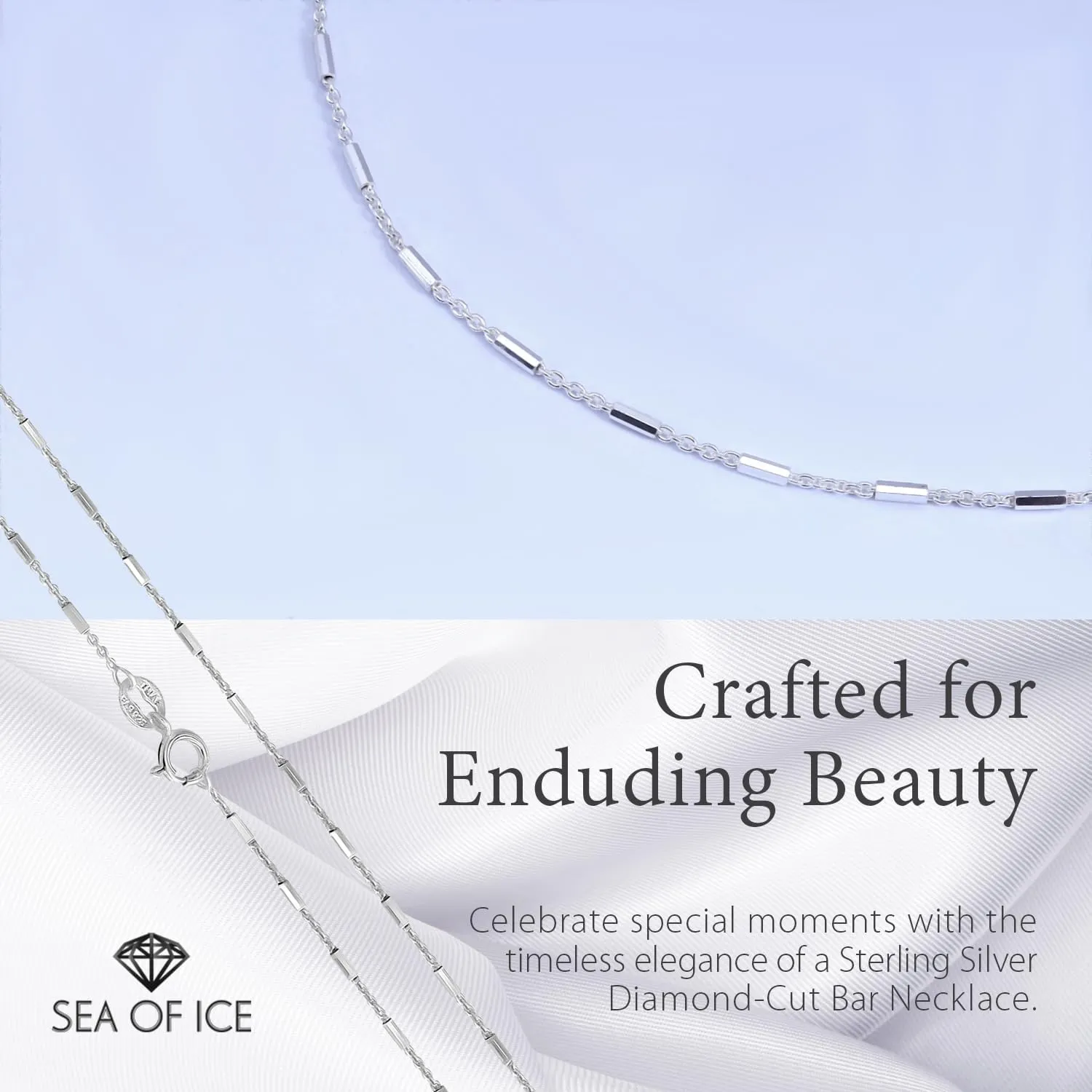 SEA OF ICE Sterling Silver 1mm Diamond-Cut Bar Station Rolo Chain Necklace For Women, Size 14" - 36" Italy
