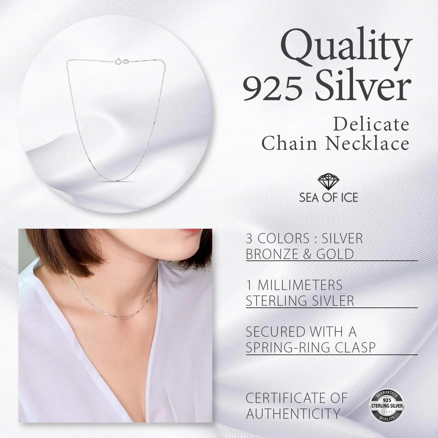 SEA OF ICE Sterling Silver 1mm Diamond-Cut Bar Station Rolo Chain Necklace For Women, Size 14" - 36" Italy