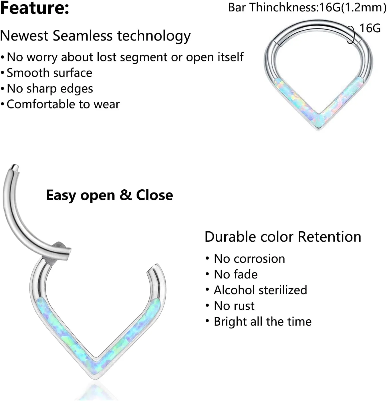 Septum Jewelry Daith Earring Opal CZ 16G 18G 20G 316L Surgical Steel Hinged Segment Nose Ring Hoop Septum Clicker Helix Cartilage Tragus Piercing Jewelry for Women
