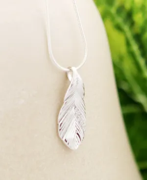 Silver and Crystal Textured Feather Pendant