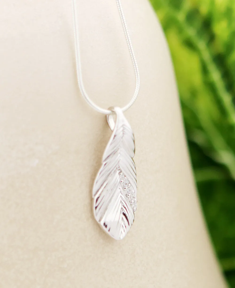 Silver and Crystal Textured Feather Pendant