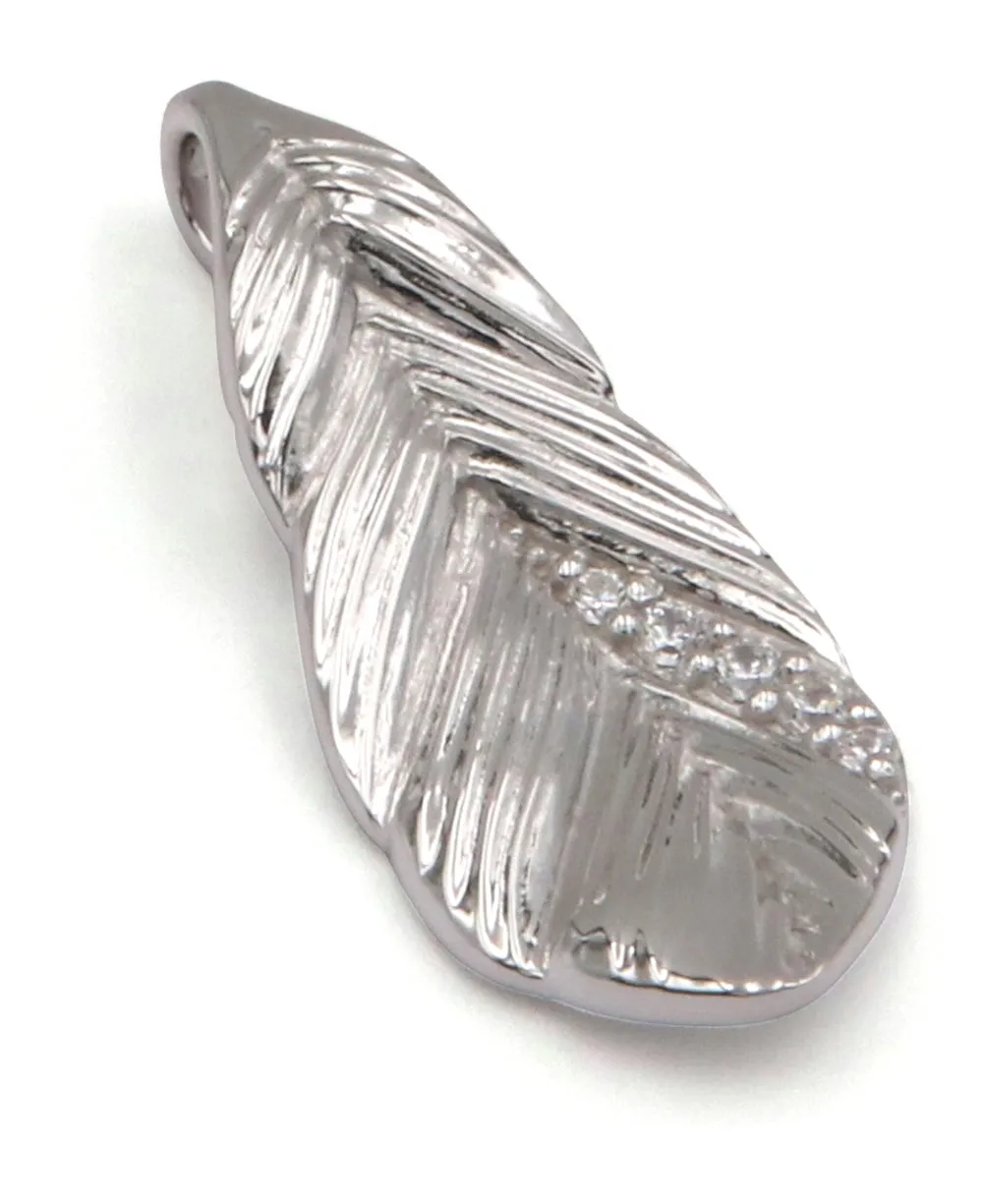 Silver and Crystal Textured Feather Pendant