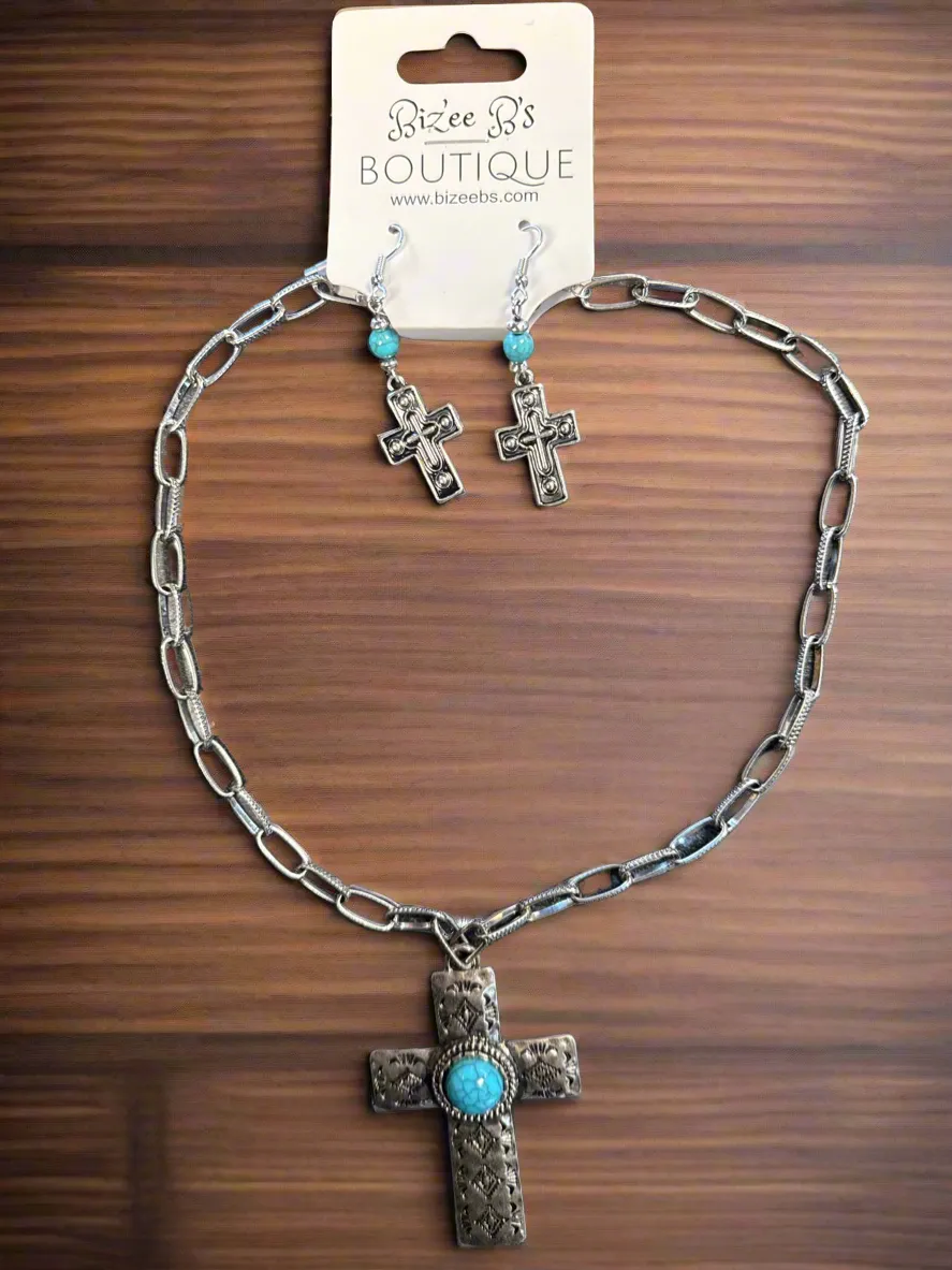 Silver and Turquoise Cross Set