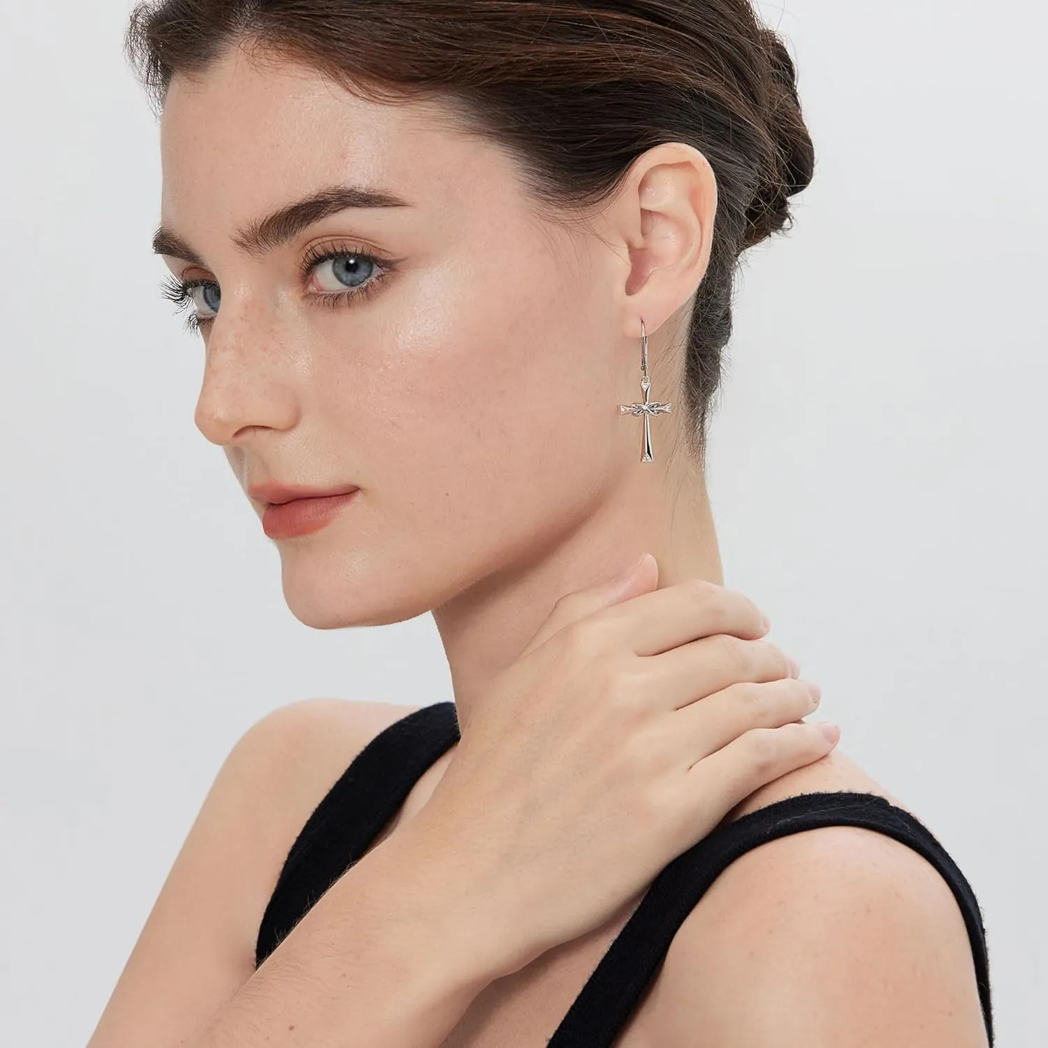 Silver Cross Hoop Earrings for Women Men Cubic Zirconia Diamond Cross/High Polished Infinity Christain Faith Jewelry