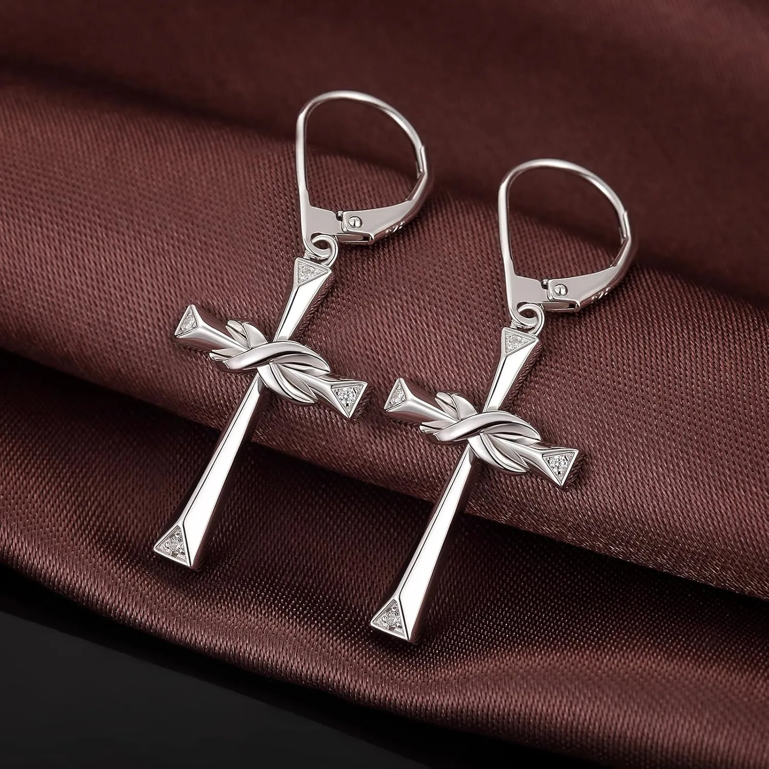 Silver Cross Hoop Earrings for Women Men Cubic Zirconia Diamond Cross/High Polished Infinity Christain Faith Jewelry