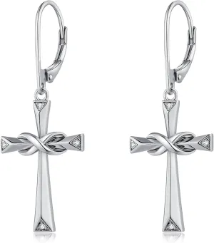 Silver Cross Hoop Earrings for Women Men Cubic Zirconia Diamond Cross/High Polished Infinity Christain Faith Jewelry
