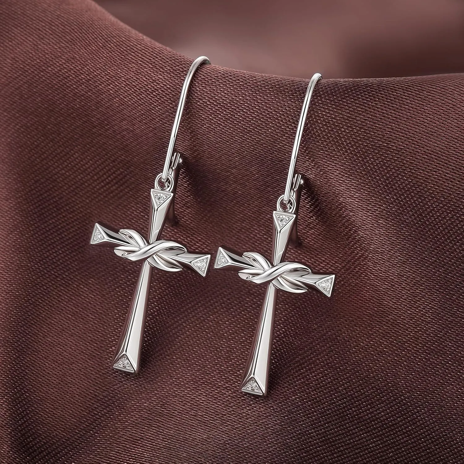 Silver Cross Hoop Earrings for Women Men Cubic Zirconia Diamond Cross/High Polished Infinity Christain Faith Jewelry