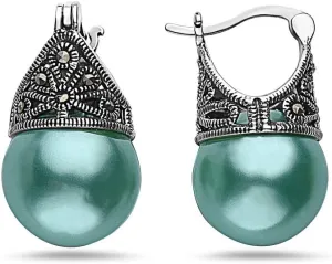 SILVER EMPIRE Fine Jewelry | 925 Sterling Silver Filigree Earrings for Women | Features Marcasite & Colorful Glass Pearls | Cap Mounting Design with Latch Closure | Oxidized Finish | Hypoallergenic