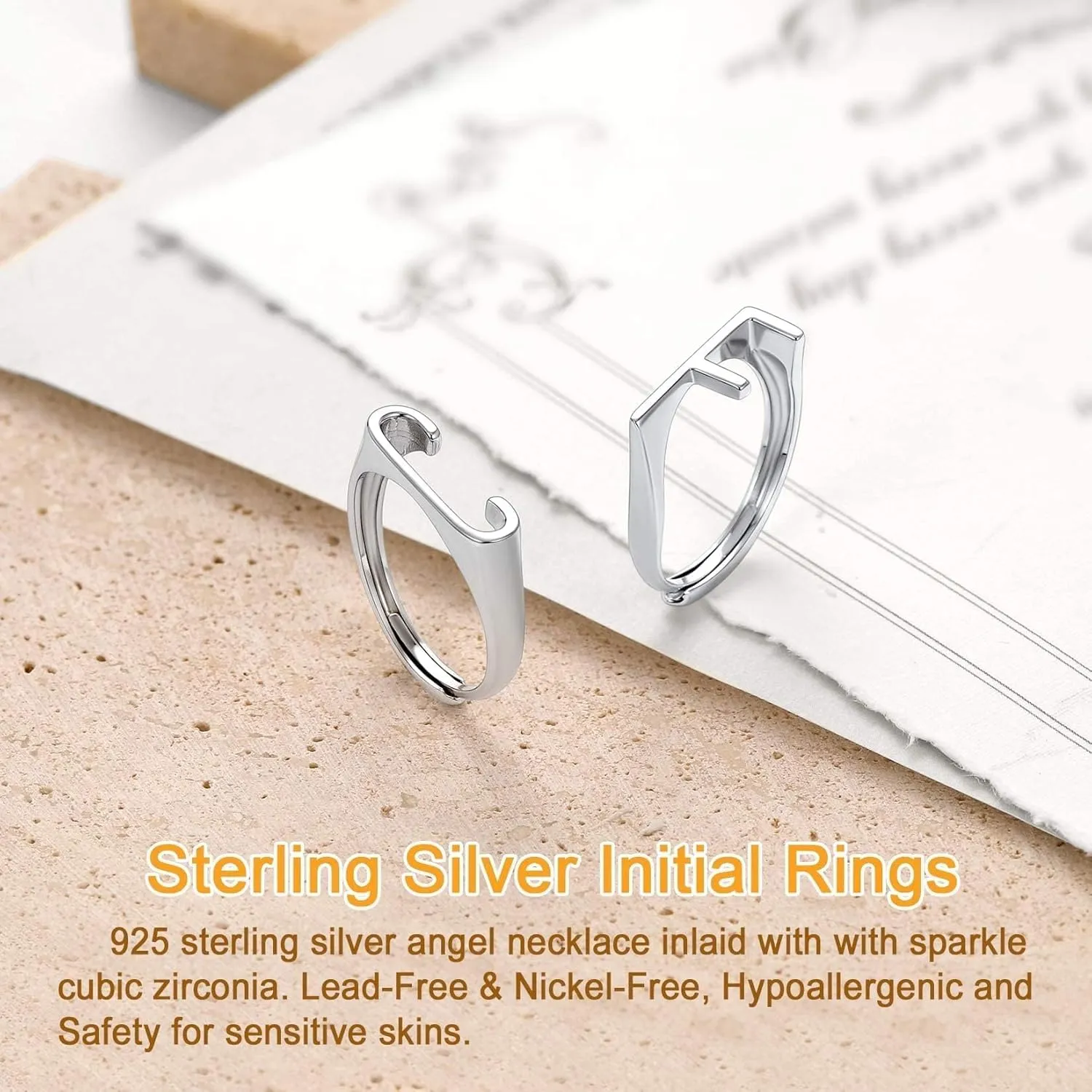 SILVERCUTE 925 Sterling Silver Initial Rings for Women,Adjustable Capital Letter Ring Hypoallergenic,Minimalist 925 Silver Rings for Mother Daughter